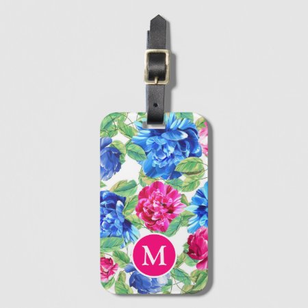 Bright Pink And Blue Floral Pretty Monogrammed Luggage Tag