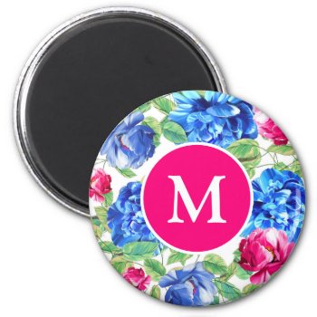 Bright Pink And Blue Floral Pretty Monogrammed Magnet by MissMatching at Zazzle