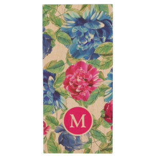 Bright Pink and Blue Floral Pretty Monogrammed Wood Flash Drive