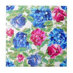 Bright Pink and Blue Floral Pretty Pattern Ceramic Tile