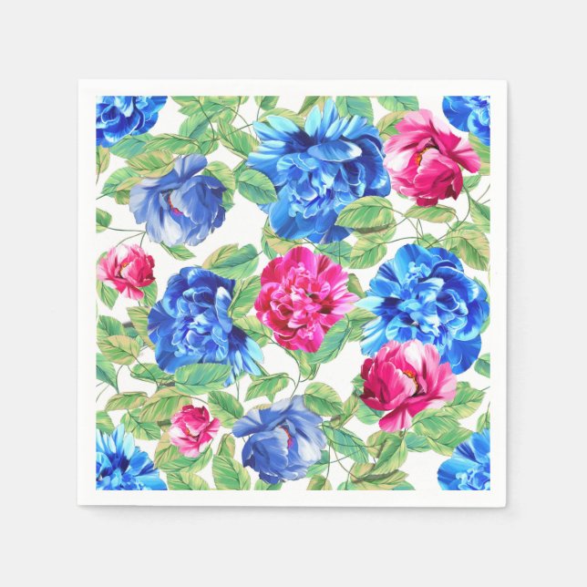 Bright Pink and Blue Floral Pretty Pattern Napkins (Front)