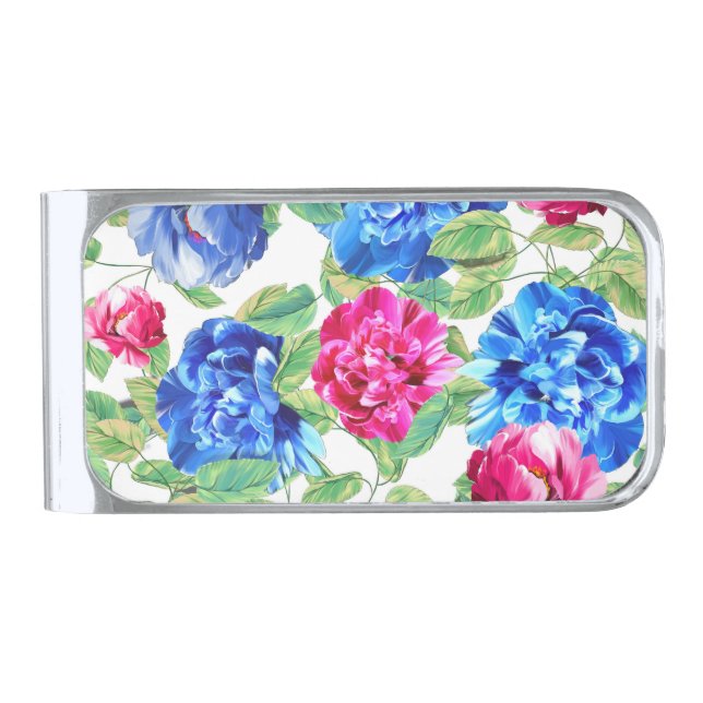 Bright Pink and Blue Floral Pretty Pattern Silver Finish Money Clip (Front)