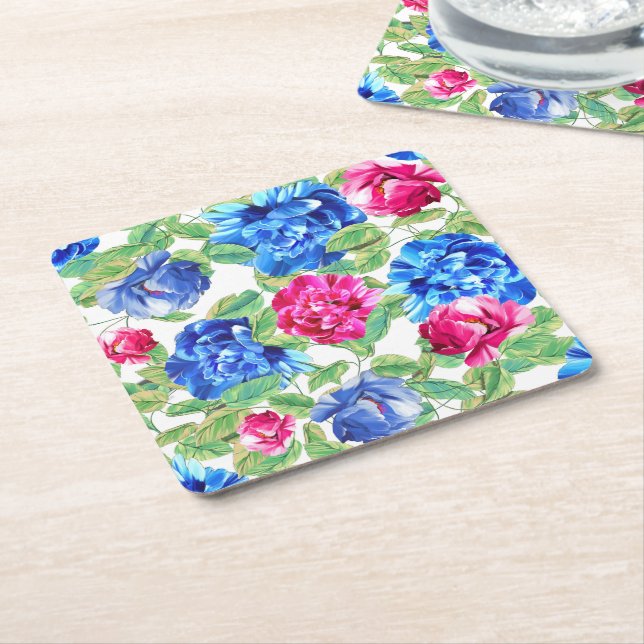Bright Pink and Blue Floral Pretty Pattern Square Paper Coaster (Angled)