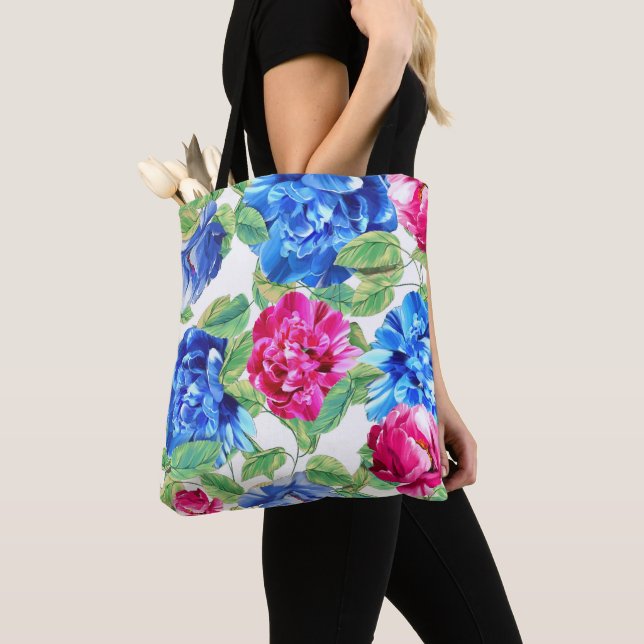 Bright Pink and Blue Floral Pretty Pattern Tote Bag (Close Up)