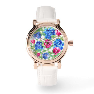 Bright Pink and Blue Floral Pretty Pattern Watch