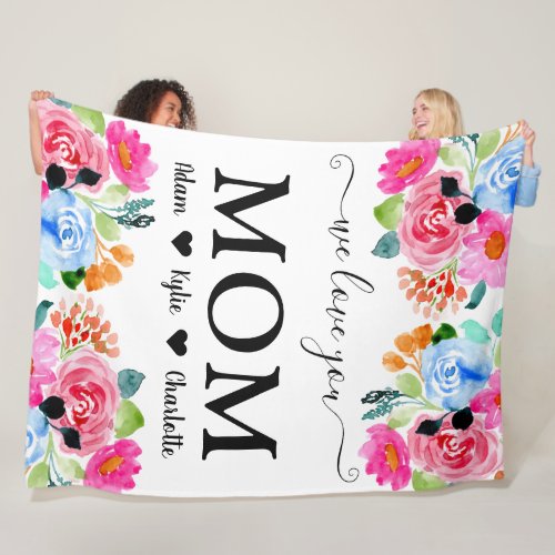 Bright Pink and Blue Roses Modern Script Love  Fleece Blanket