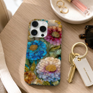 Bright Pink and Blue Stained Glass Floral iPhone 16 Pro Case