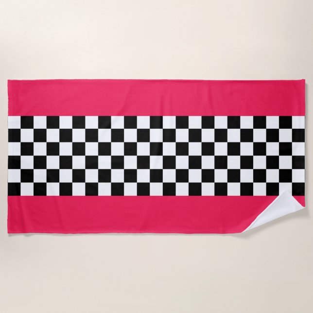 Bright pink and checkerboard beach towel (Front)