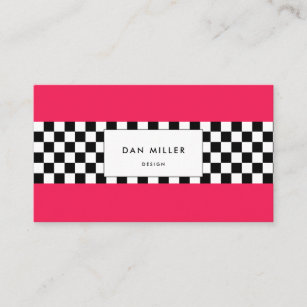 Bright pink and checkerboard business card