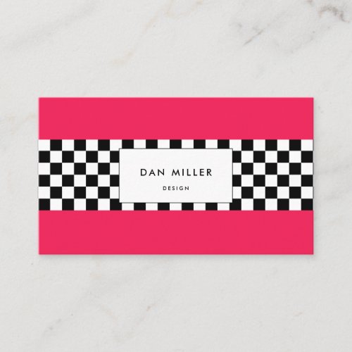 Bright pink and checkerboard business card