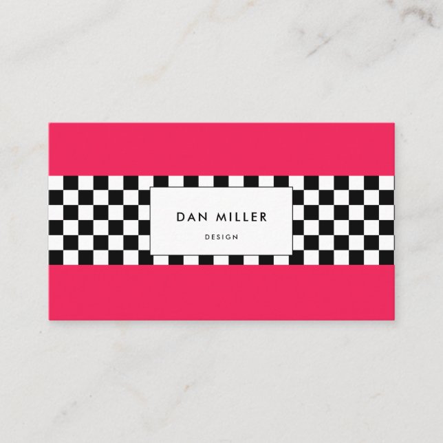 Bright pink and checkerboard business card (Front)
