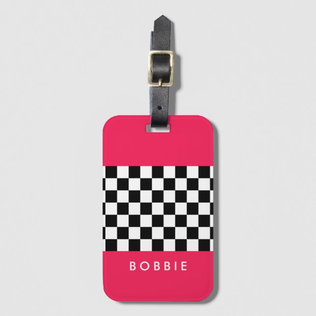 Bright pink and checkerboard luggage tag (Front Vertical)