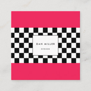 Bright pink and checkerboard square business card