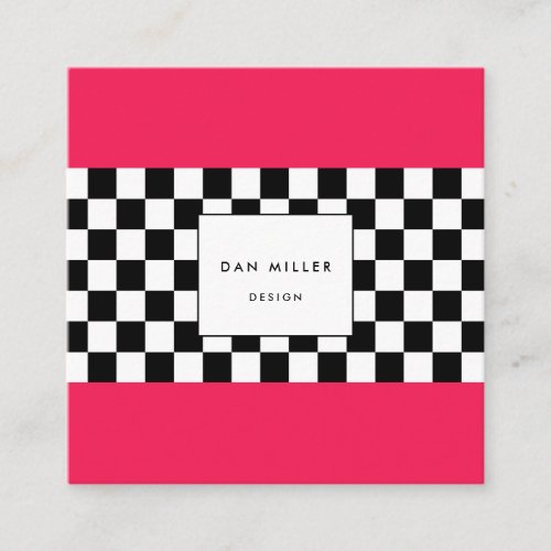 Bright pink and checkerboard square business card