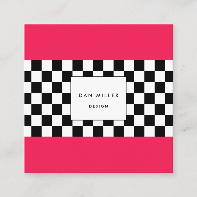 Bright pink and checkerboard square business card (Front)