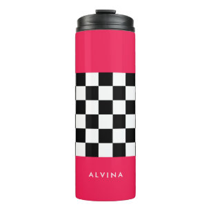 Bright pink and checkerboard thermal tumbler