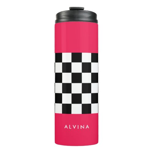 Bright pink and checkerboard thermal tumbler