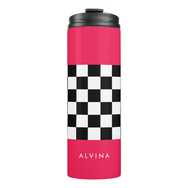 Bright pink and checkerboard thermal tumbler (Front)