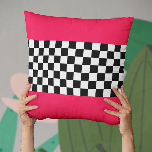 Bright pink and checkerboard throw pillow