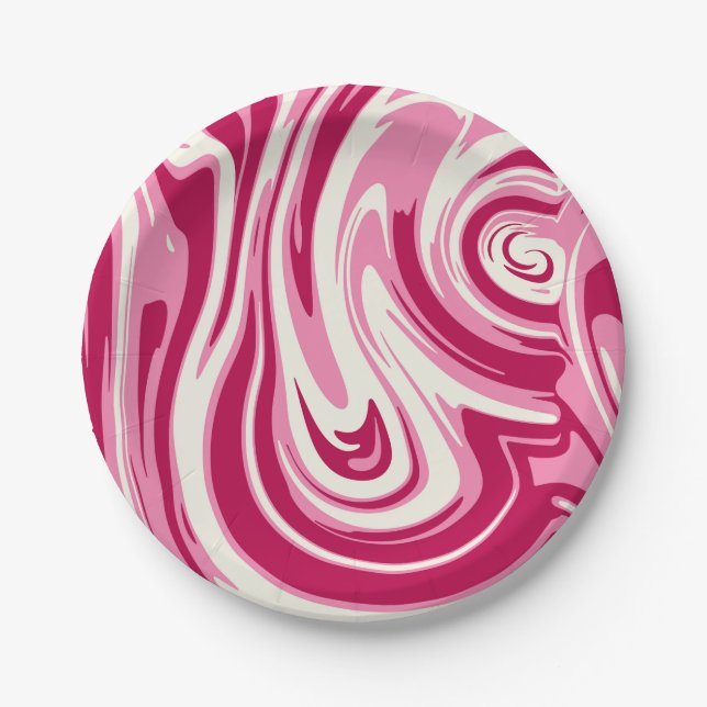 Bright Pink and Cream Marble Swirl Paper Plates (Front)