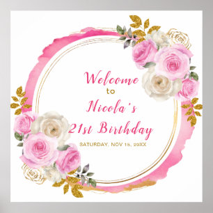 Bright Pink and Gold Elegant Flowe Birthday Party Poster