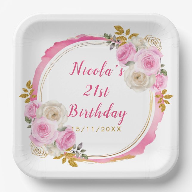 Bright Pink and Gold Elegant Flower Birthday Party Paper Plates (Front)