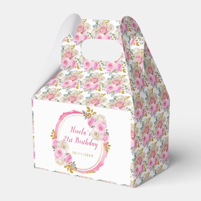 Bright Pink and Gold Elegant Flowers Birthday Favor Boxes (Front Side)