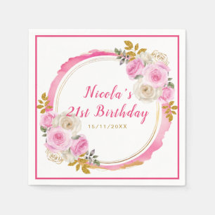 Bright Pink and Gold Elegant Flowers Birthday Napkins