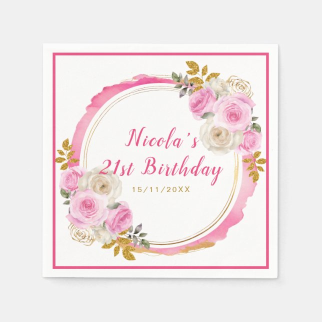 Bright Pink and Gold Elegant Flowers Birthday  Napkins (Front)