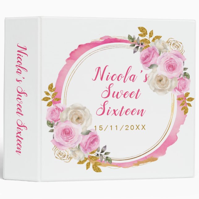 Bright Pink and Gold Elegant Flowers Sweet Sixteen 3 Ring Binder (Front/Spine)
