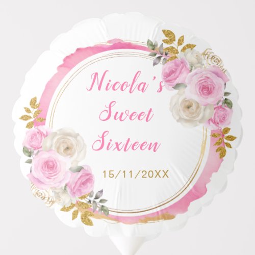 Bright Pink and Gold Elegant Flowers Sweet Sixteen Balloon