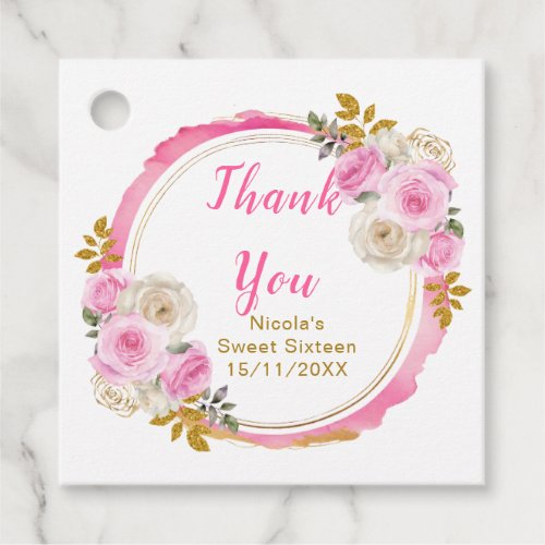 Bright Pink and Gold Elegant Flowers Sweet Sixteen Favor Tags