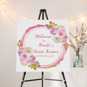 Bright Pink and Gold Elegant Flowers Sweet Sixteen Foam Board