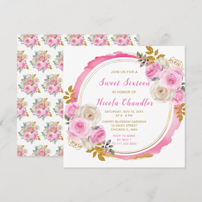 Bright Pink and Gold Elegant Flowers Sweet Sixteen Invitation (Front/Back)
