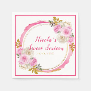 Bright Pink and Gold Elegant Flowers Sweet Sixteen Napkins