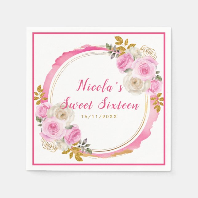 Bright Pink and Gold Elegant Flowers Sweet Sixteen Napkins (Front)