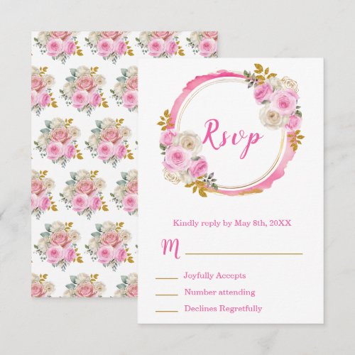 Bright Pink and Gold Elegant Flowers Sweet Sixteen RSVP Card
