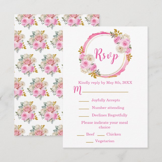 Bright Pink and Gold Elegant Flowers Sweet Sixteen RSVP Card (Front/Back)