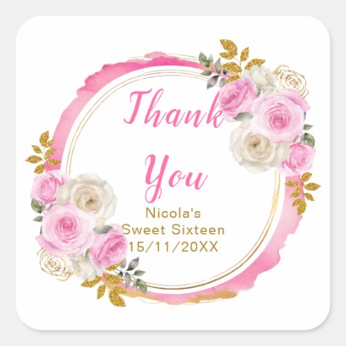 Bright Pink and Gold Elegant Flowers Sweet Sixteen Square Sticker