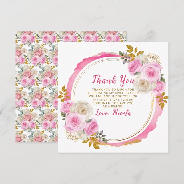 Bright Pink and Gold Elegant Flowers Sweet Sixteen Thank You Card (Front/Back)