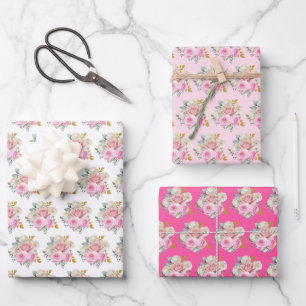 Bright Pink and Gold Elegant Flowers  Wrapping Paper Sheets