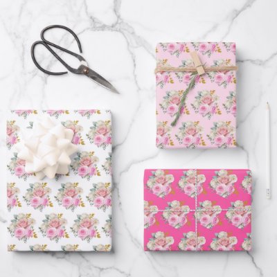 Bright Pink and Gold Elegant Flowers  Wrapping Paper Sheets