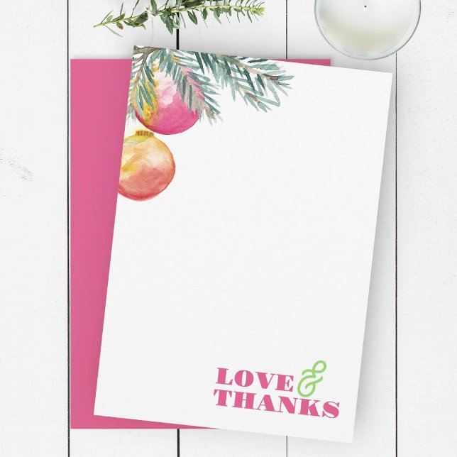 Bright Pink and Green Christmas Thank You Card  (Christmas thank you cards unique watercolor pink baubles with pine boughs)