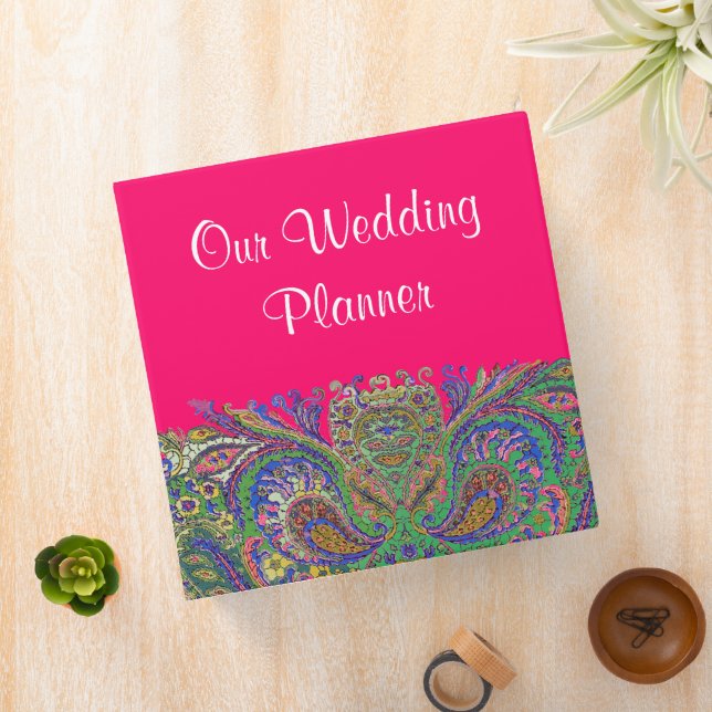 Bright Pink and Green Paisley Wedding Planner Binder (In Situ)