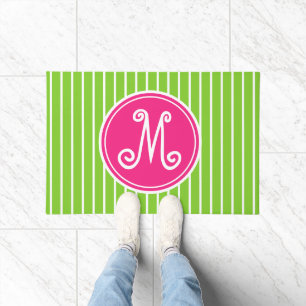 Bright Pink and Green Stripe Monogram Doormat