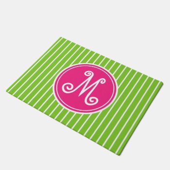Bright Pink And Green Stripe Monogram Doormat by jozanehouse at Zazzle