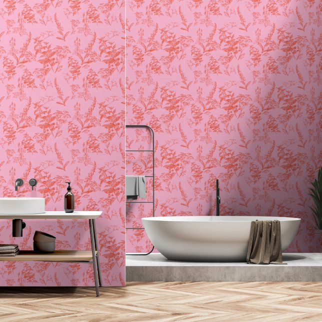 Bright Pink and Orange Botanical Wildflower Wallpaper (Bathroom)