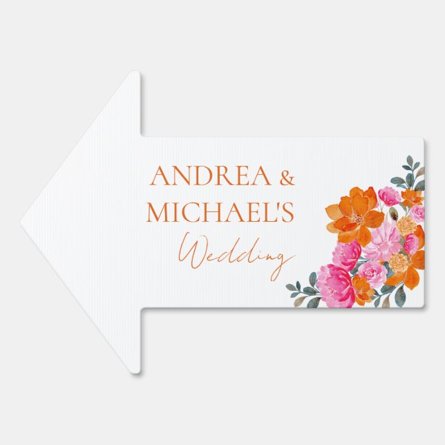 Bright Pink and Orange Floral Arrow Wedding Sign (Front)