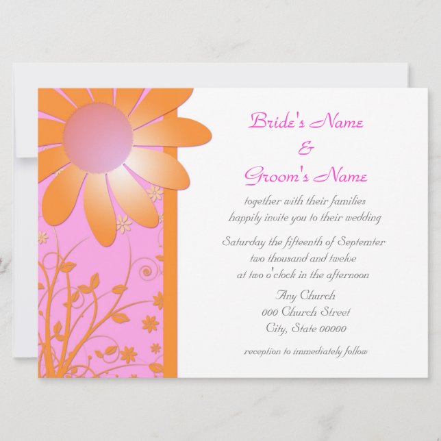 Bright Pink and Orange Floral Wedding Invitations (Front)