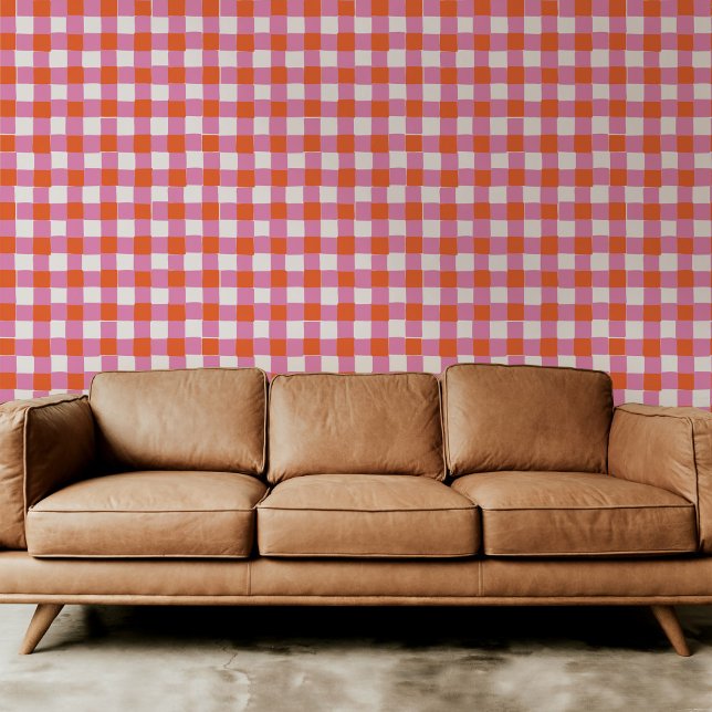 Bright Pink and Orange Red Checkered Plaid Wallpaper (Bright pink and orange red hand-drawn checkered plaid peel and stick wallpaper.)